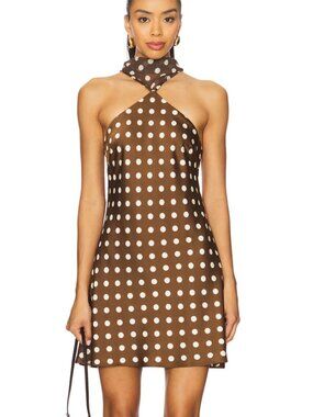 Maude Club Hendrix Dress w Optional Neck Scarf, Brown & White Polka Dot